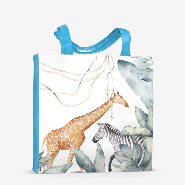 Сумка-шоппер &laquo;Тропическая иллюстрация с экзотическими листьями и животными Африки. Зеленые джунгли, розовый фламинго, жираф, зебра&raquo;