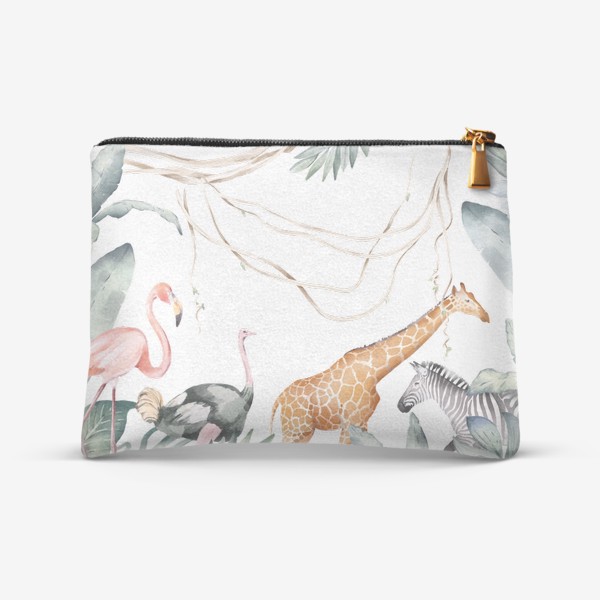 Косметичка &laquo;Тропическая иллюстрация с экзотическими листьями и животными Африки. Зеленые джунгли, розовый фламинго, жираф, зебра&raquo;
