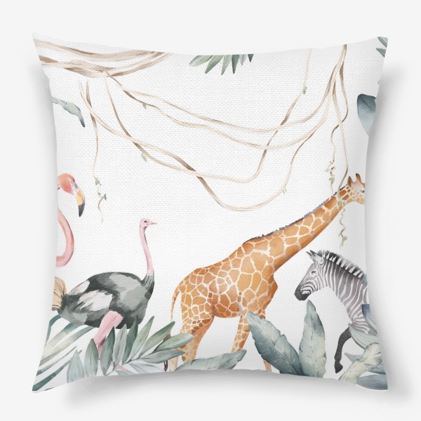 Подушка «Тропическая иллюстрация с экзотическими листьями и животными Африки. Зеленые джунгли, розовый фламинго, жираф, зебра»