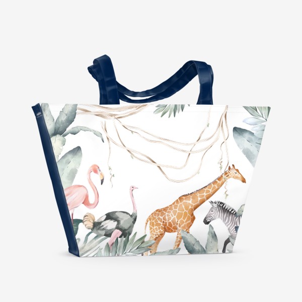 Пляжная сумка &laquo;Тропическая иллюстрация с экзотическими листьями и животными Африки. Зеленые джунгли, розовый фламинго, жираф, зебра&raquo;