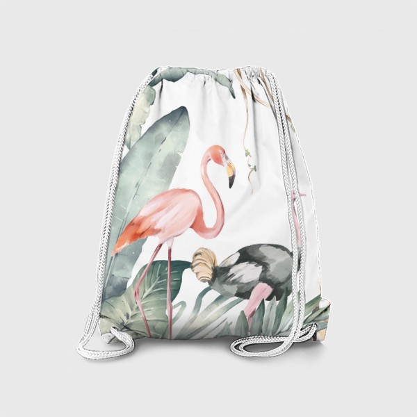 Рюкзак «Тропическая иллюстрация с экзотическими листьями и животными Африки. Зеленые джунгли, розовый фламинго, жираф, зебра»