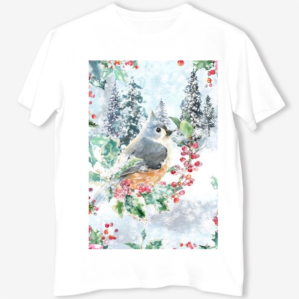 Футболка &laquo;Зимний пейзаж с птицей, акварельная зима. винтажный принт&raquo;