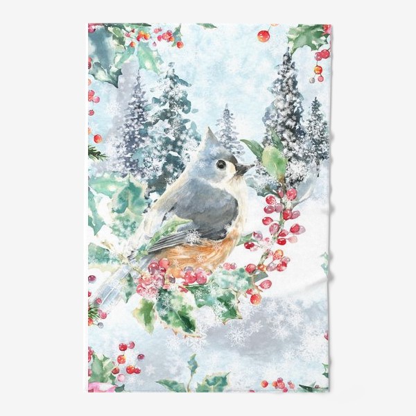 Полотенце &laquo;Зимний пейзаж с птицей, акварельная зима. винтажный принт&raquo;