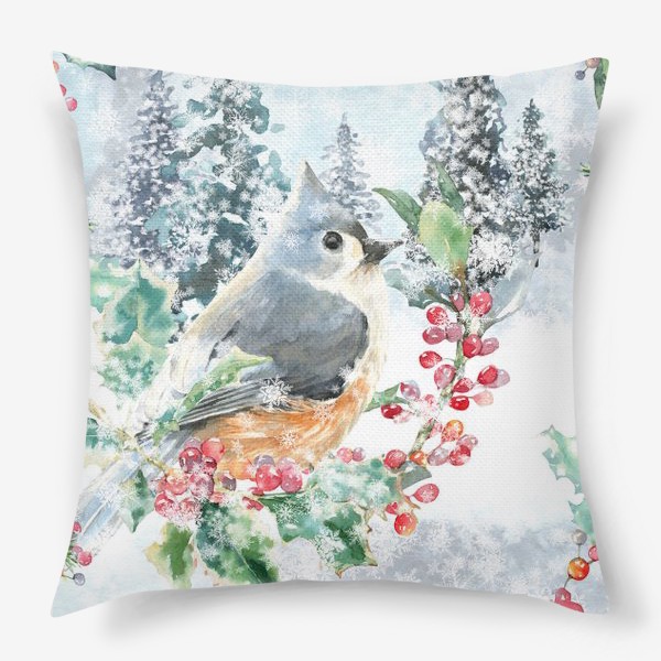 Подушка &laquo;Зимний пейзаж с птицей, акварельная зима. винтажный принт&raquo;