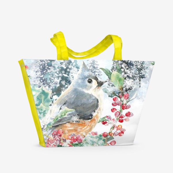 Пляжная сумка &laquo;Зимний пейзаж с птицей, акварельная зима. винтажный принт&raquo;