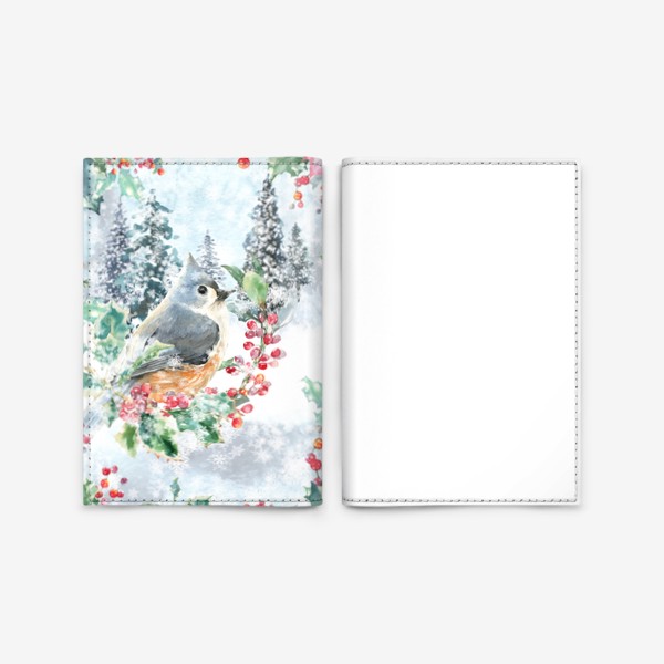 Обложка для паспорта «Зимний пейзаж с птицей, акварельная зима. винтажный принт»
