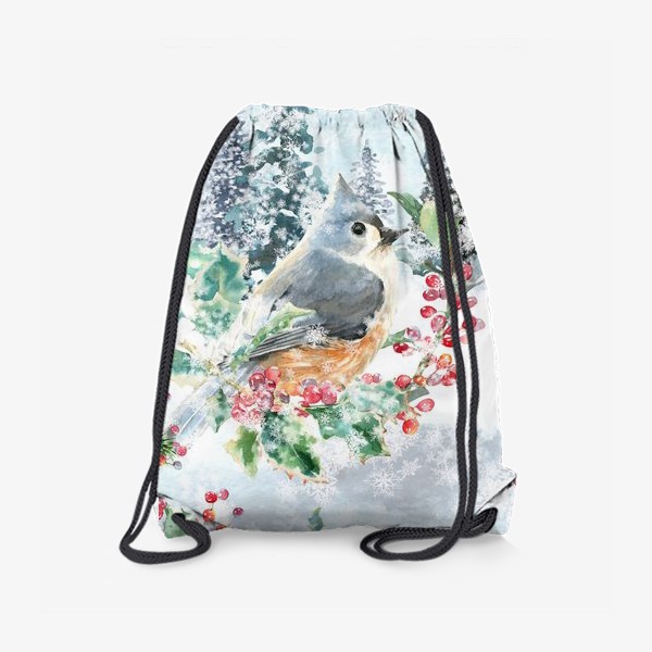 Рюкзак «Зимний пейзаж с птицей, акварельная зима. винтажный принт»