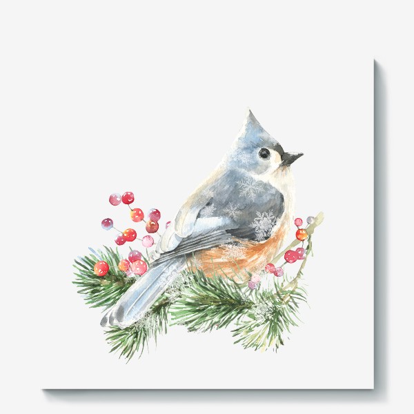 Холст «Птичка на еловой ветке. Акварель, Птица Рождественская, Новый год, в лесу, на ветке. зима.»