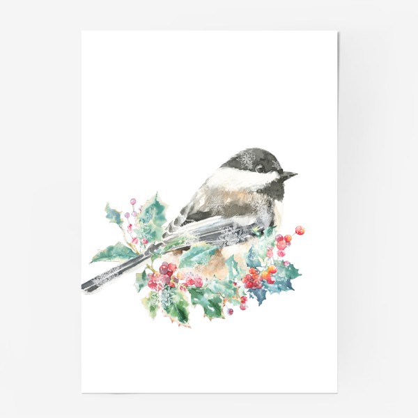 Постер «Акварельная  иллюстрация птичка, Рождественский винтажный принт птица»