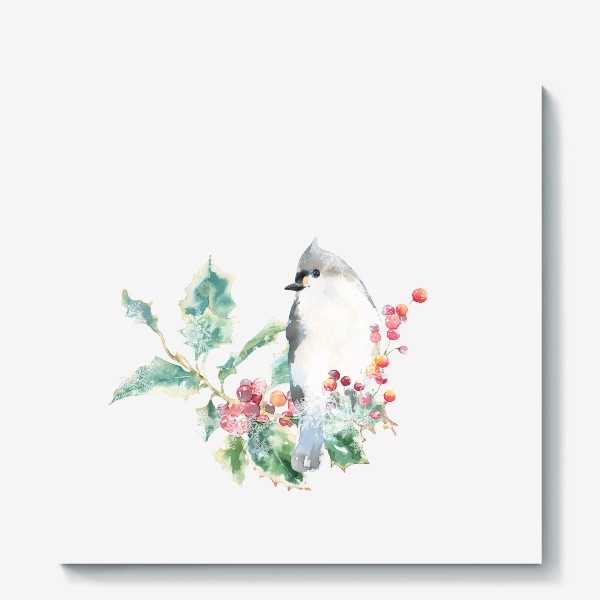 Холст «Акварельная  иллюстрация птичка, Рождественский винтажный принт птица»