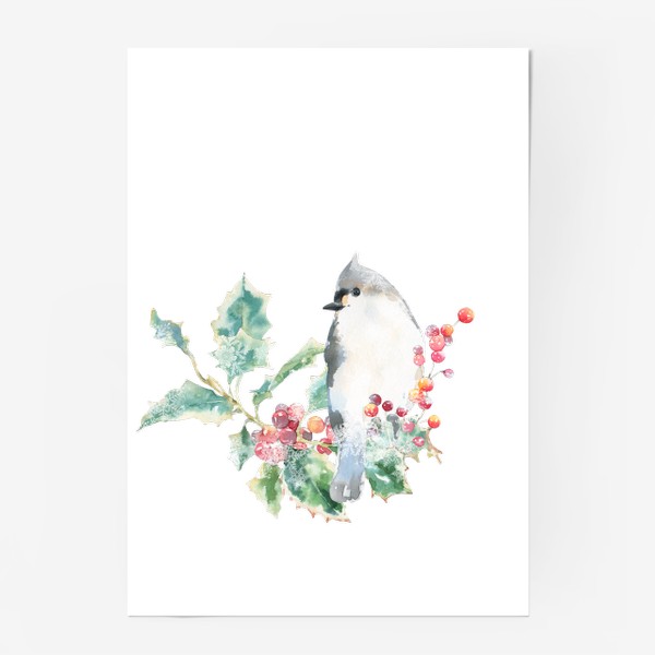 Постер &laquo;Акварельная  иллюстрация птичка, Рождественский винтажный принт птица&raquo;