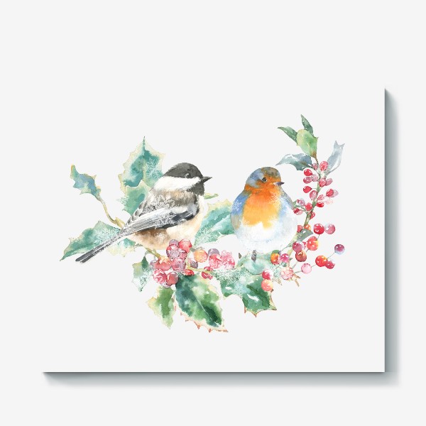 Холст &laquo;Акварельная  иллюстрация птички, Рождественский винтажный принт птица&raquo;