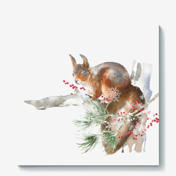Холст «Акварельная  иллюстрация белочка, Рождественский  винтажный принт белка на еловой ветке»