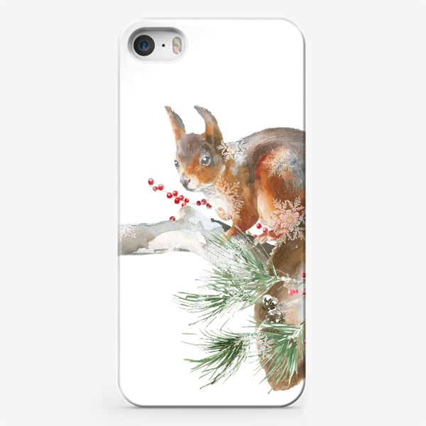 Чехол iPhone «Акварельная  иллюстрация белочка, Рождественский  винтажный принт белка на еловой ветке»