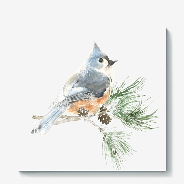 Холст &laquo;Акварельная  иллюстрация птичка, Рождественский винтажный принт птица на еловой ветке&raquo;