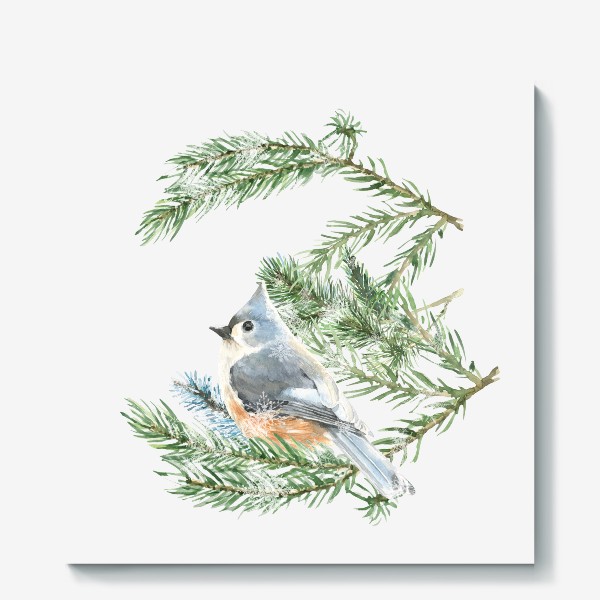 Холст «Акварельная  иллюстрация птичка, Рождественский винтажный принт птица»