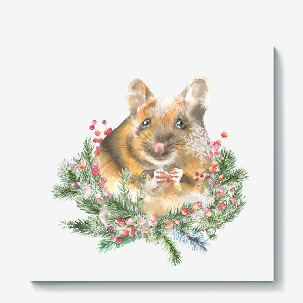 Холст &laquo;Акварельная  иллюстрация мышка, рождественский винтажный принт мышь, крыса зима&raquo;