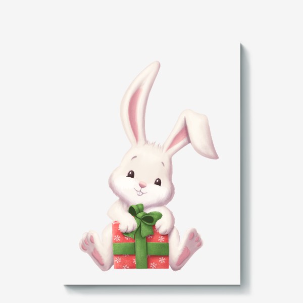 Холст «Кролик с подарком на новый год»