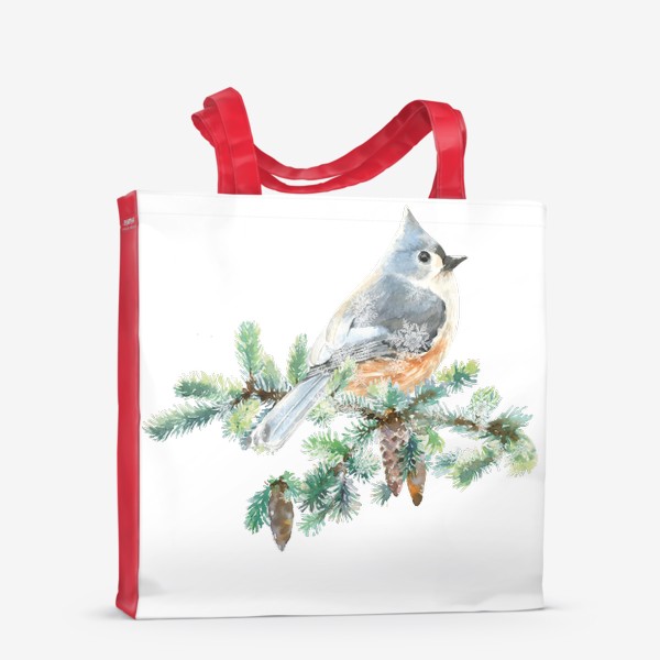 Сумка-шоппер «Птичка на еловой ветке. Акварель, Птица Рождественская, Новый год, в лесу, на ветке. зима.»
