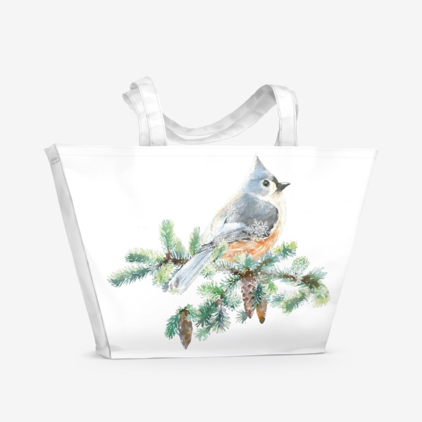 Пляжная сумка «Птичка на еловой ветке. Акварель, Птица Рождественская, Новый год, в лесу, на ветке. зима.»