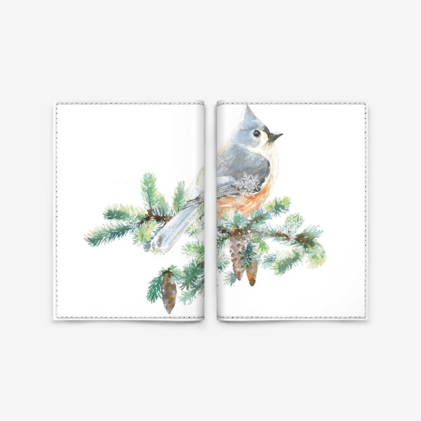Обложка для паспорта «Птичка на еловой ветке. Акварель, Птица Рождественская, Новый год, в лесу, на ветке. зима.»