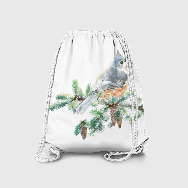 Рюкзак «Птичка на еловой ветке. Акварель, Птица Рождественская, Новый год, в лесу, на ветке. зима.»