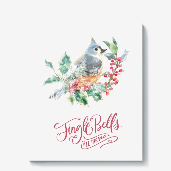 Холст «Рождественский принт Jingle Bells , акварельная иллюстрация, птичка на ветке»