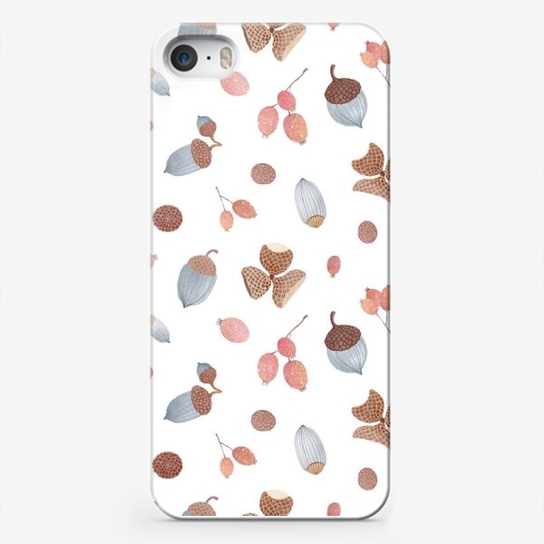 Чехол iPhone «Акварельный фон с осенними желудями, шляпками и ягодами боярышника»