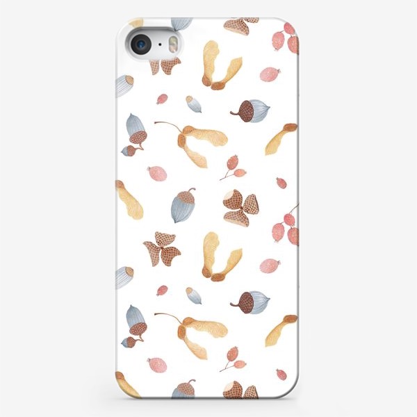 Чехол iPhone «Акварельный фон с осенними желудями, шляпками, курносиками и ягодами боярышника»