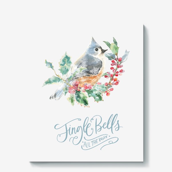 Холст &laquo;Рождественский принт Jingle Bells , акварельная иллюстрация, птичка на ветке&raquo;