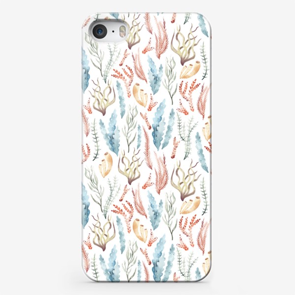 Чехол iPhone «Акварельный фон с яркими иллюстрациями подводного мира. Разноцветны водоросли, морские растения»