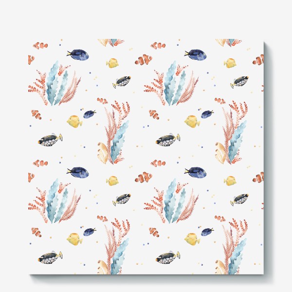Холст «Акварельный фон с яркими иллюстрациями подводного мира. Разноцветные водоросли, рыбы, коралловый риф»