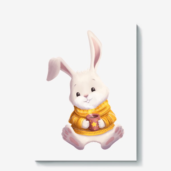 Холст «Кролик в свитере с чашкой какао»
