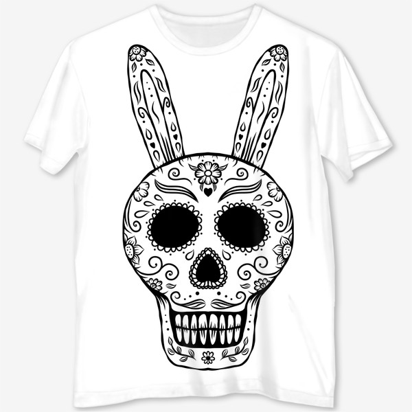 Футболка с полной запечаткой «Мексиканский череп с завитушками и цветами. Кролик, заяц. Калавера»