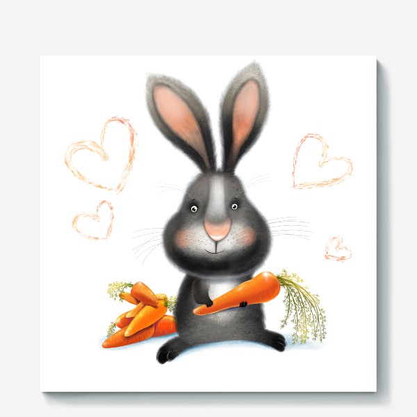 Холст «Черный кролик с морковками»