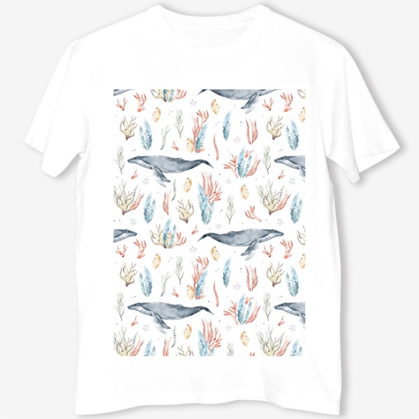 Футболка «Акварельный фон с яркими иллюстрациями подводного мира. Разноцветные водоросли, большой синий кит»