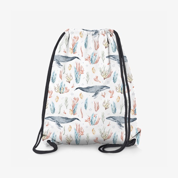 Рюкзак «Акварельный фон с яркими иллюстрациями подводного мира. Разноцветные водоросли, большой синий кит»