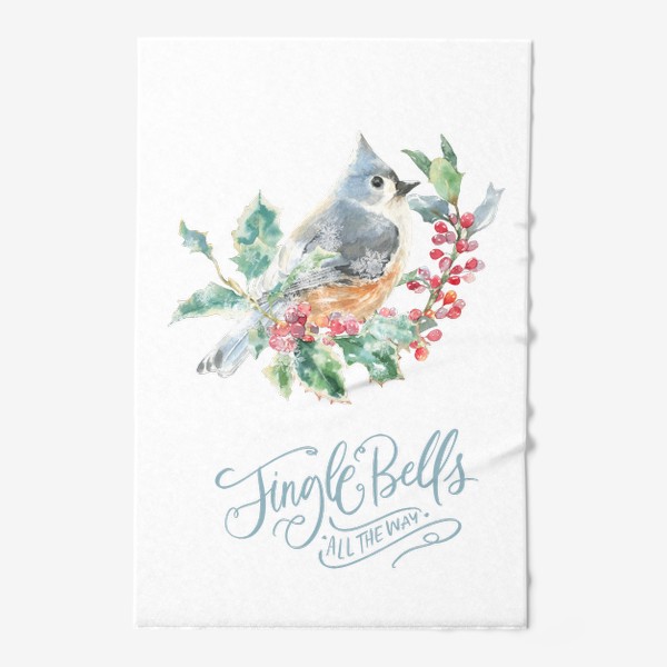 Полотенце «Рождественский принт Jingle Bells , акварельная иллюстрация, птичка на ветке»