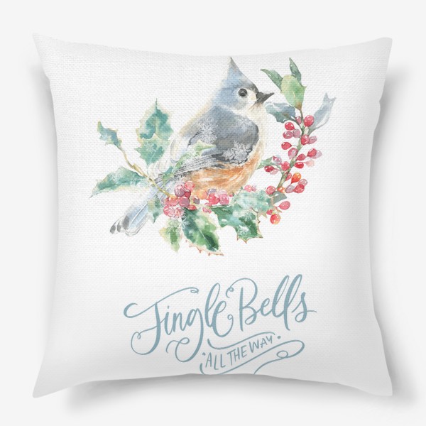 Подушка «Рождественский принт Jingle Bells , акварельная иллюстрация, птичка на ветке»