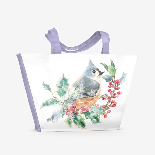 Пляжная сумка &laquo;Рождественский принт Jingle Bells , акварельная иллюстрация, птичка на ветке&raquo;