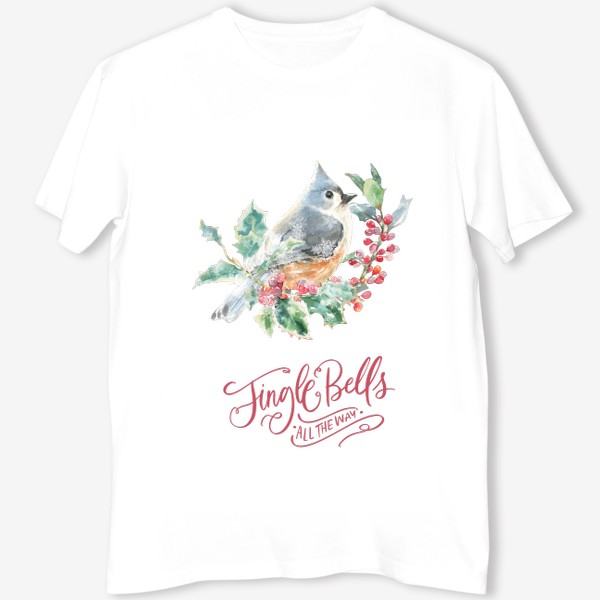 Футболка «Рождественский принт Jingle Bells , акварельная иллюстрация, птичка на ветке»