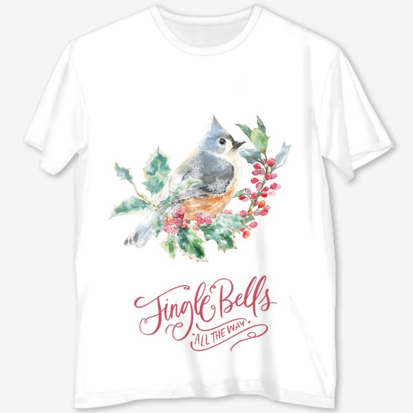 Футболка с полной запечаткой «Рождественский принт Jingle Bells , акварельная иллюстрация, птичка на ветке»