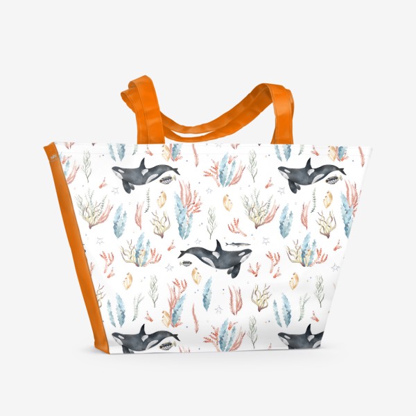 Пляжная сумка &laquo;Акварельный фон с яркими иллюстрациями подводного мира. Разноцветные водоросли, рыбы, черная косатка&raquo;