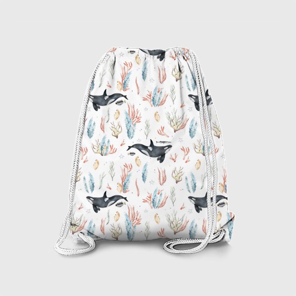 Рюкзак «Акварельный фон с яркими иллюстрациями подводного мира. Разноцветные водоросли, рыбы, черная косатка»