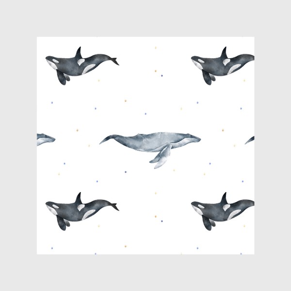 Шторы «Акварельный фон с яркими иллюстрациями подводного мира. Разноцветные точки, рыбы, черная косатка, большой синий кит»