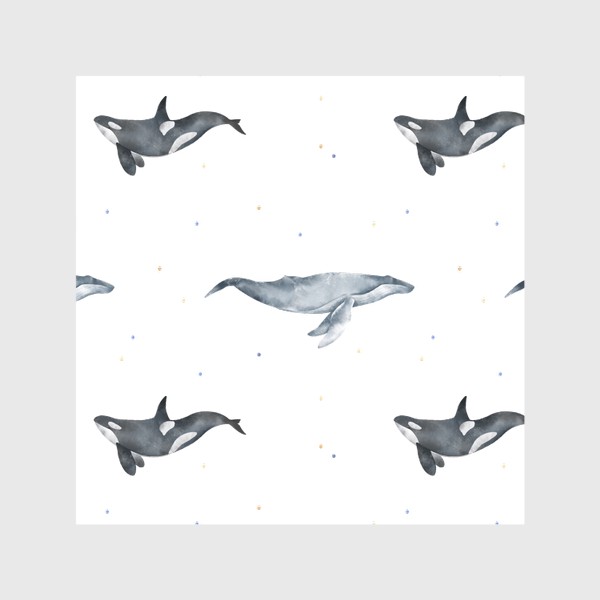 Скатерть &laquo;Акварельный фон с яркими иллюстрациями подводного мира. Разноцветные точки, рыбы, черная косатка, большой синий кит&raquo;