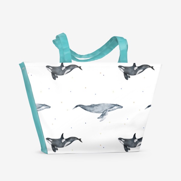 Пляжная сумка «Акварельный фон с яркими иллюстрациями подводного мира. Разноцветные точки, рыбы, черная косатка, большой синий кит»