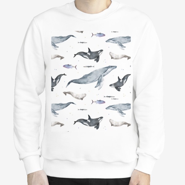 Свитшот «Акварельный фон с яркими иллюстрациями подводного мира. Морские млекопитающие, черная косатка, большой синий кит, белуха»