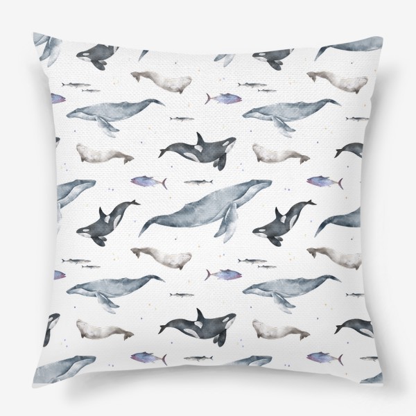 Подушка «Акварельный фон с яркими иллюстрациями подводного мира. Морские млекопитающие, черная косатка, большой синий кит, белуха»