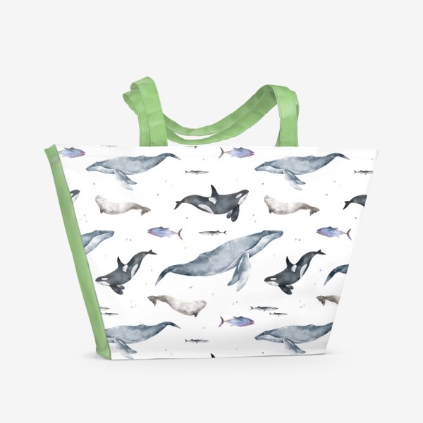 Пляжная сумка «Акварельный фон с яркими иллюстрациями подводного мира. Морские млекопитающие, черная косатка, большой синий кит, белуха»